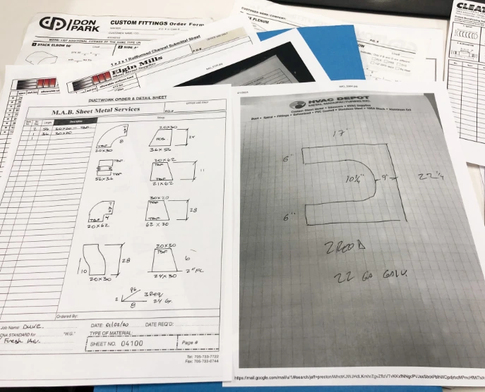 Supplier order forms and handwritten custom ductwork sketches with dimensions
