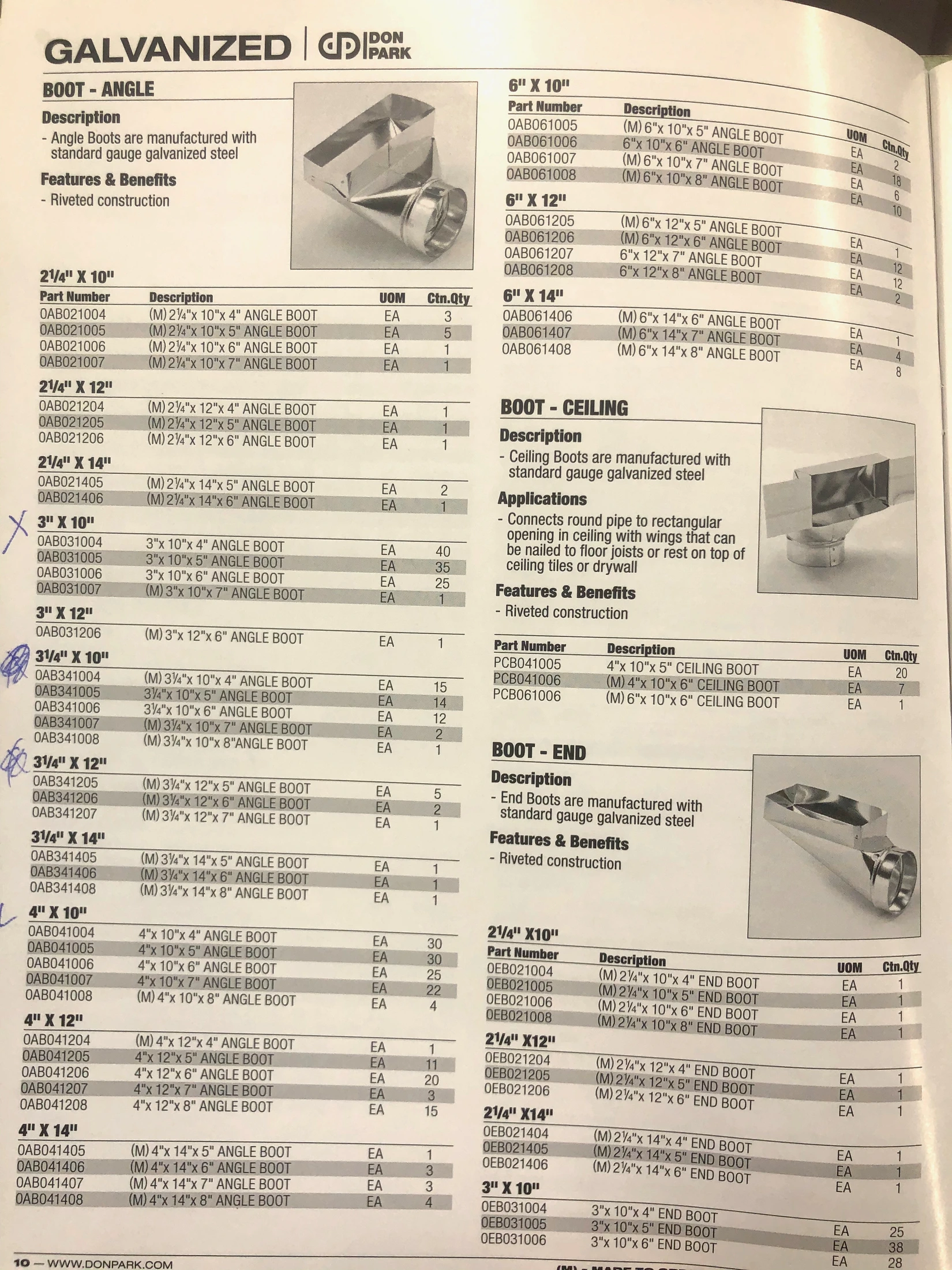A marked-up Don Park paper catalog with product codes, dimensions, and duct boot diagrams