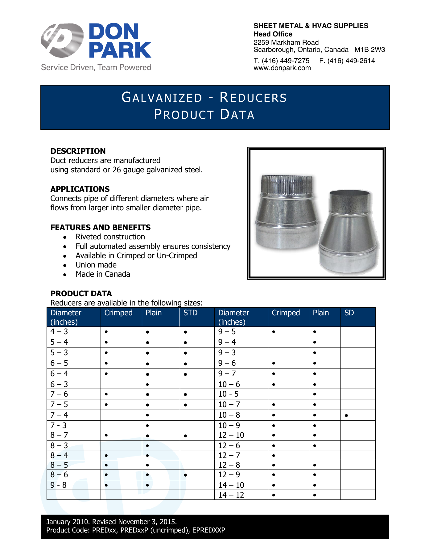 Don Park reducer specification sheet in PDF format, listing dimensions and end treatments