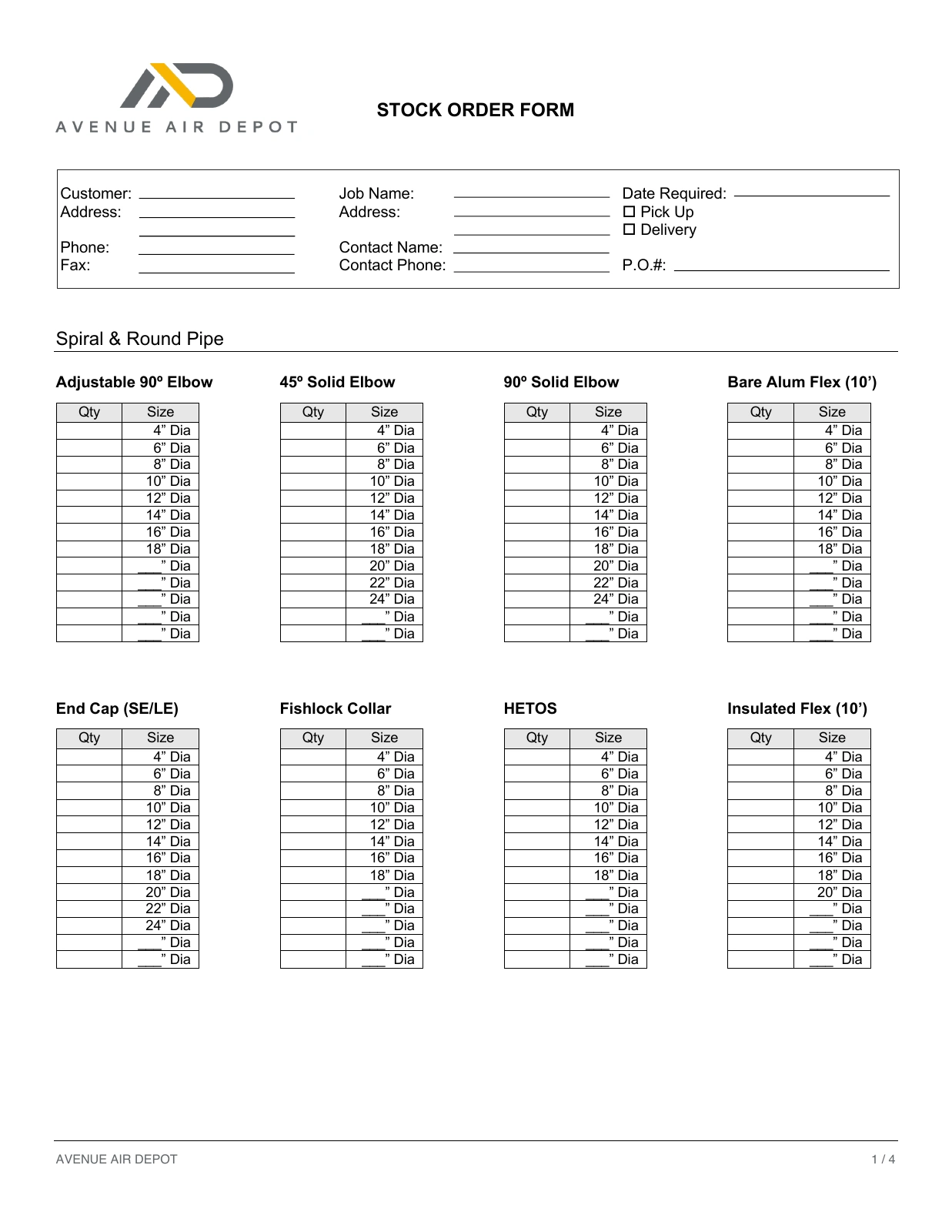 Avenue Air Depot stock order form with customer and job details, pipe and elbow sizes, and blank quantity fields