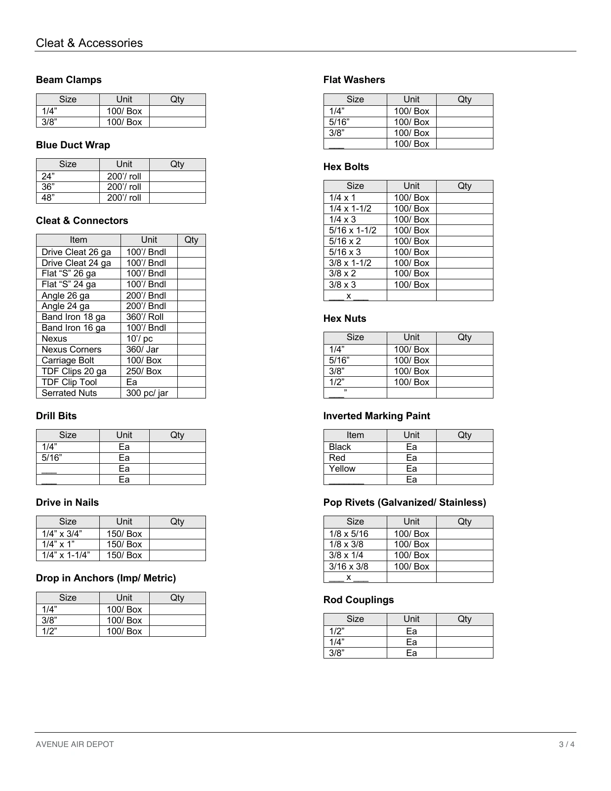 Avenue Air Depot stock worksheet listing cleat, connectors, fasteners, units, and blank quantity fields