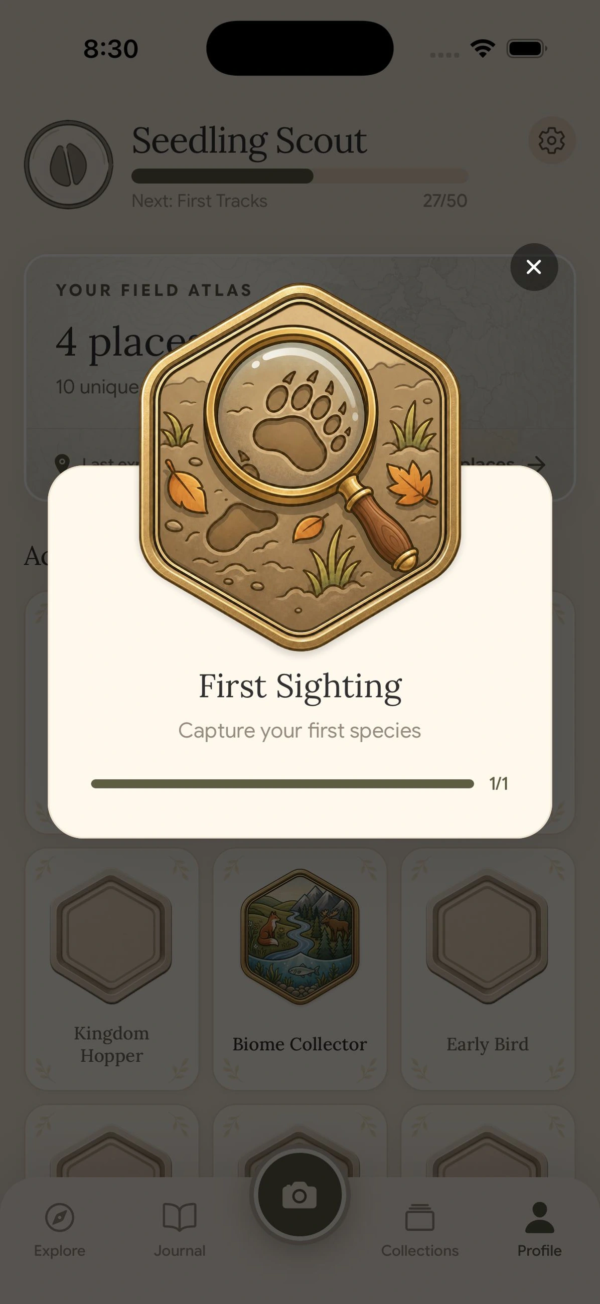 First Sighting badge earned for capturing a first species