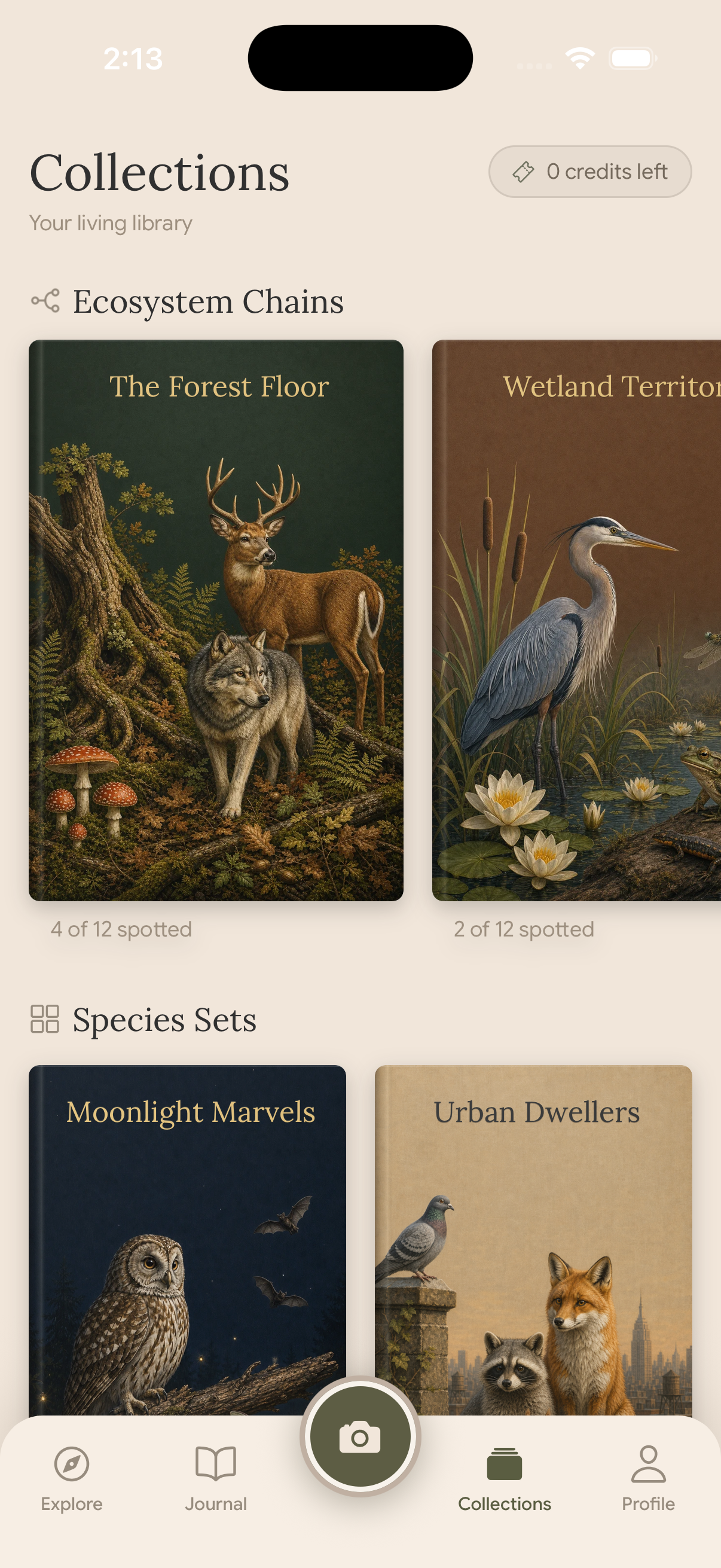 Fauna Collections screen showing Ecosystem Chains and Species Sets, including The Forest Floor, Wetland Territories, Moonlight Marvels, and Urban Dwellers