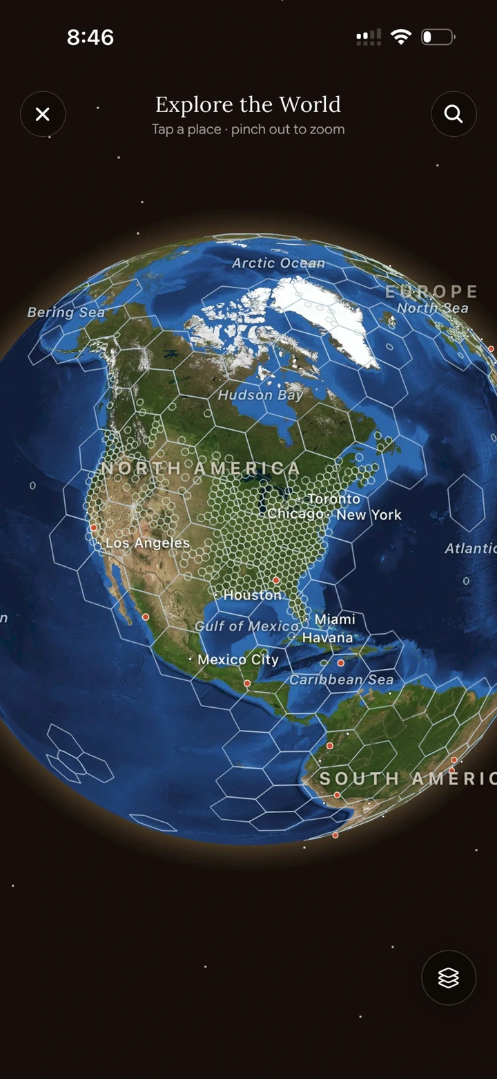 Fauna globe showing hexagonal regions for local discovery