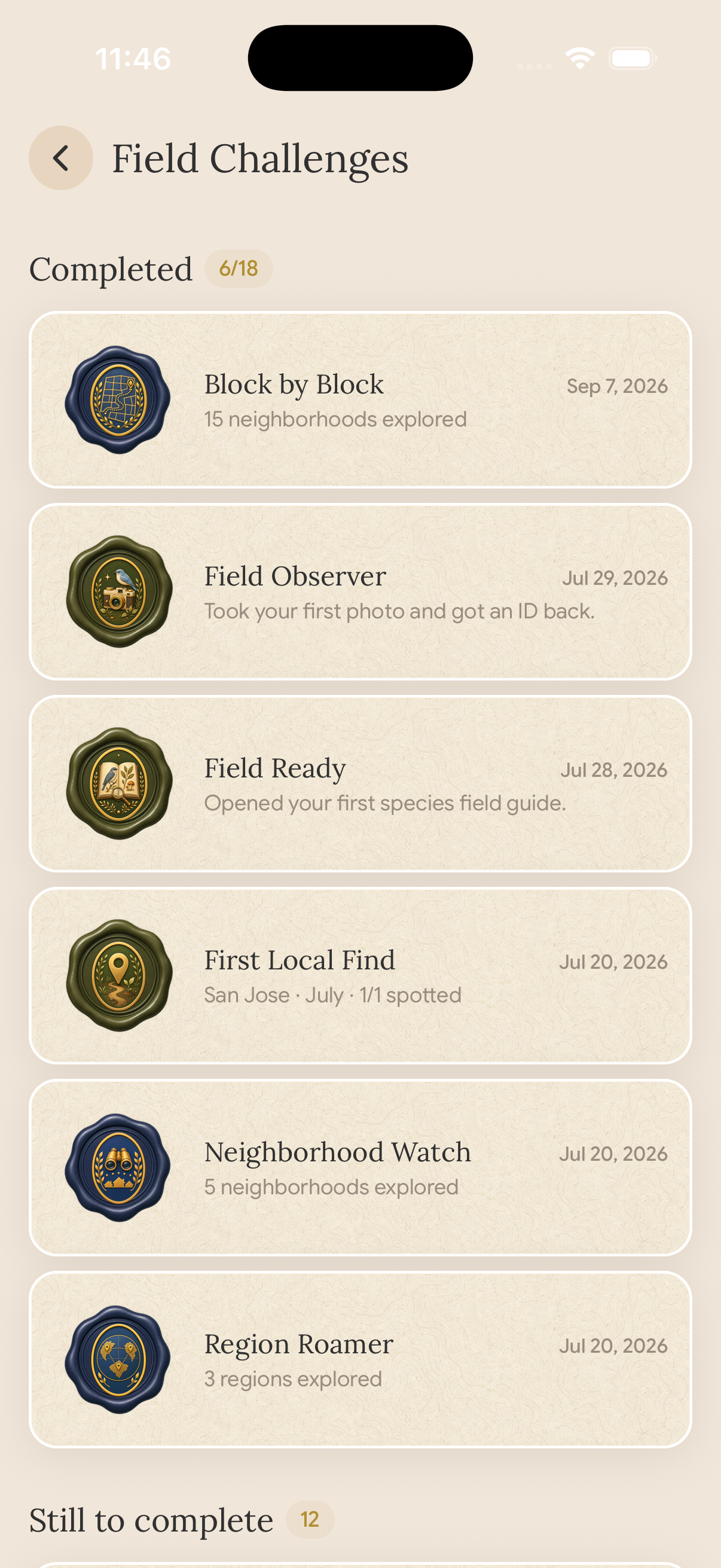 Fauna Field Challenges screen showing completed milestones for observing species and exploring neighborhoods