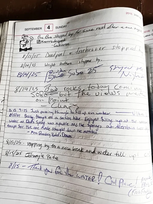 A trail logbook page filled with dated messages, trail names, and a small drawing