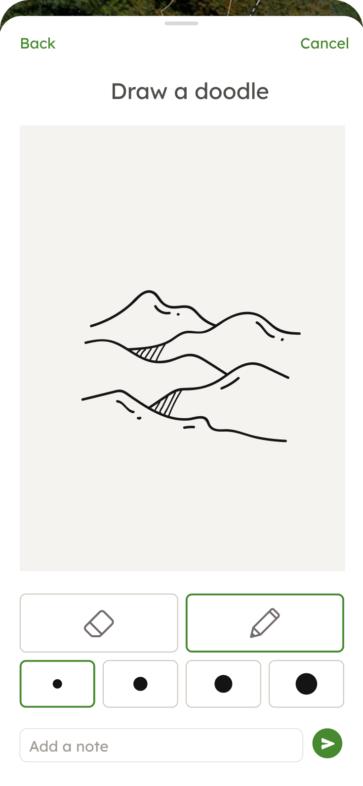 A mountain doodle on a drawing canvas with pen sizes, an eraser, and a note field