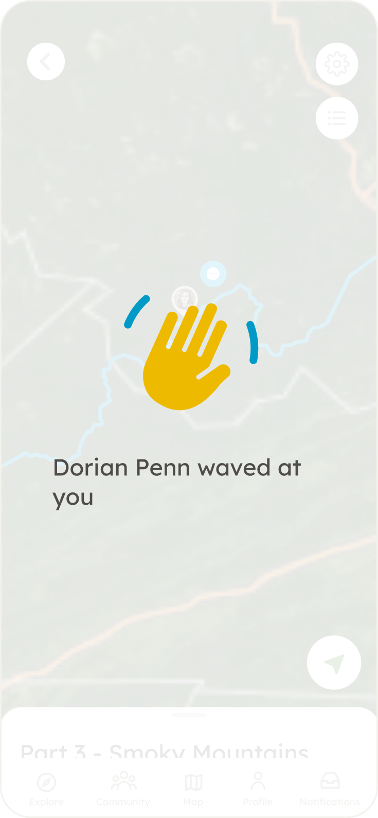 A friendly wave notification from another walker on the trail