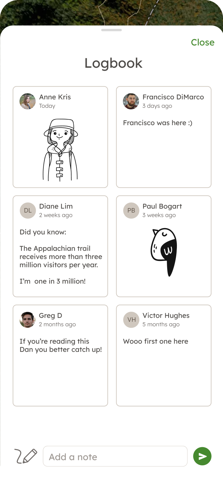 A community logbook with dated notes, trail facts, and sketches from other walkers
