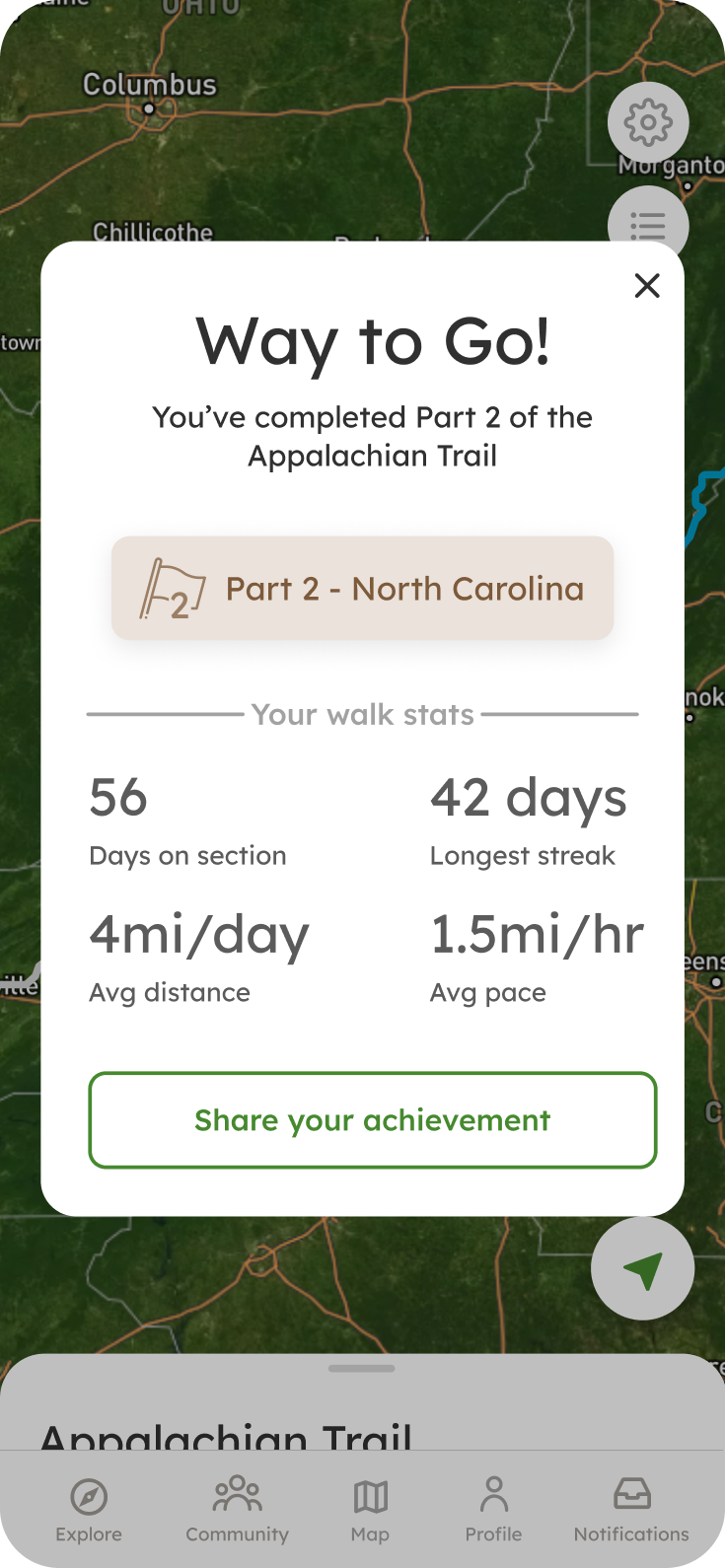 A completed North Carolina section celebration with walk statistics and a sharing action