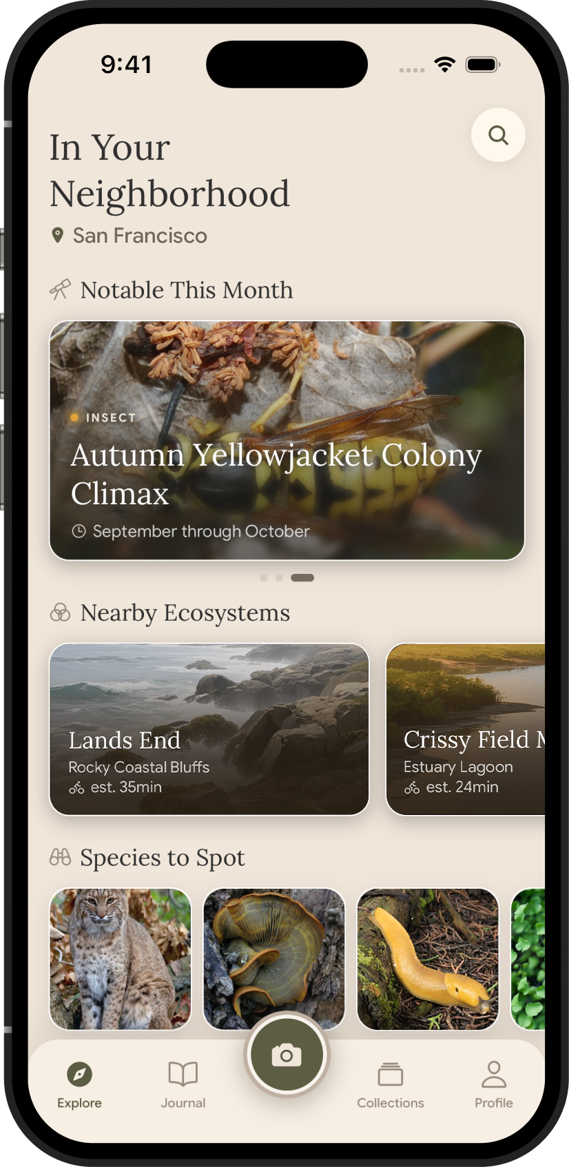 Fauna’s Explore screen showing wildlife and nearby ecosystems